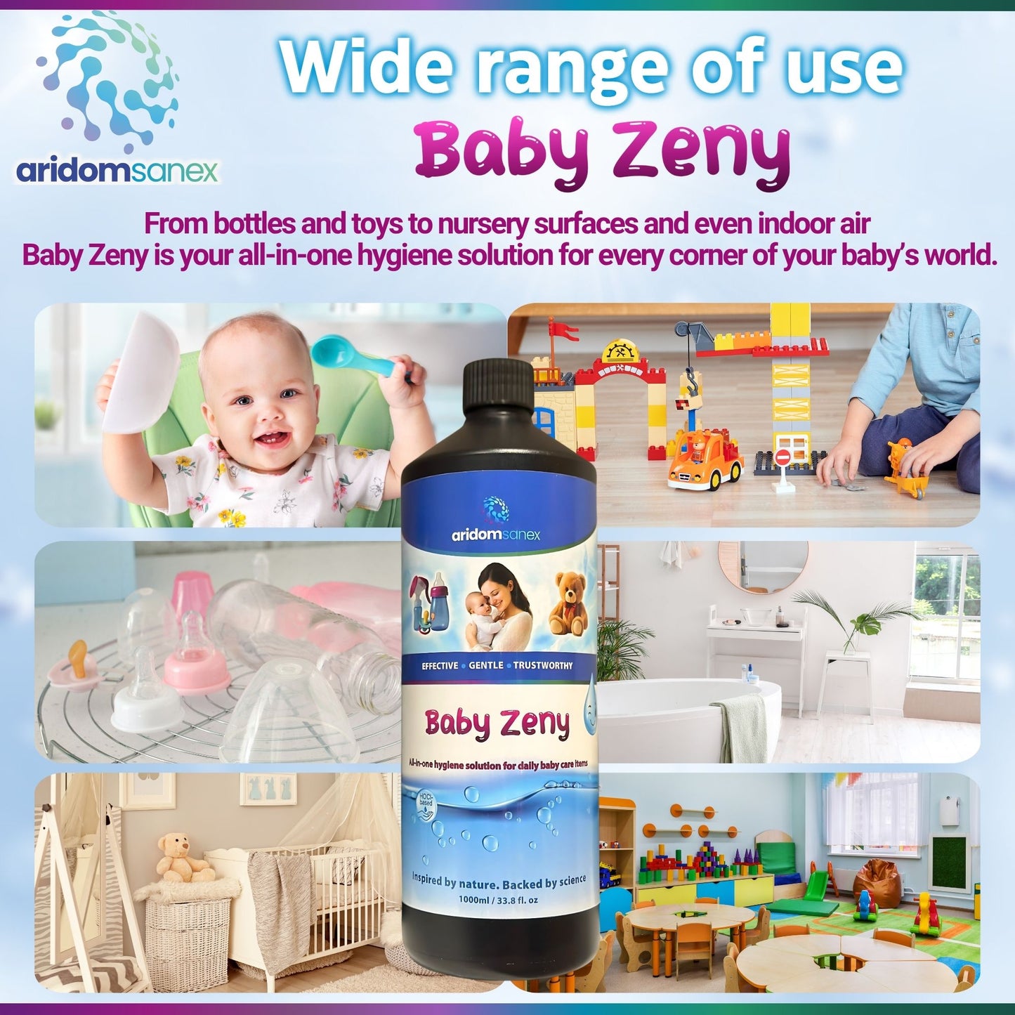 Baby Sanitising Spray – HOCl Hypochlorous Acid, No Rinse, Alcohol & Fragrance-Free Mist for Bottles, Dummies, Toys, Changing Mats, Nursery Surfaces, Air – 330 ml Refillable – Baby Zeny