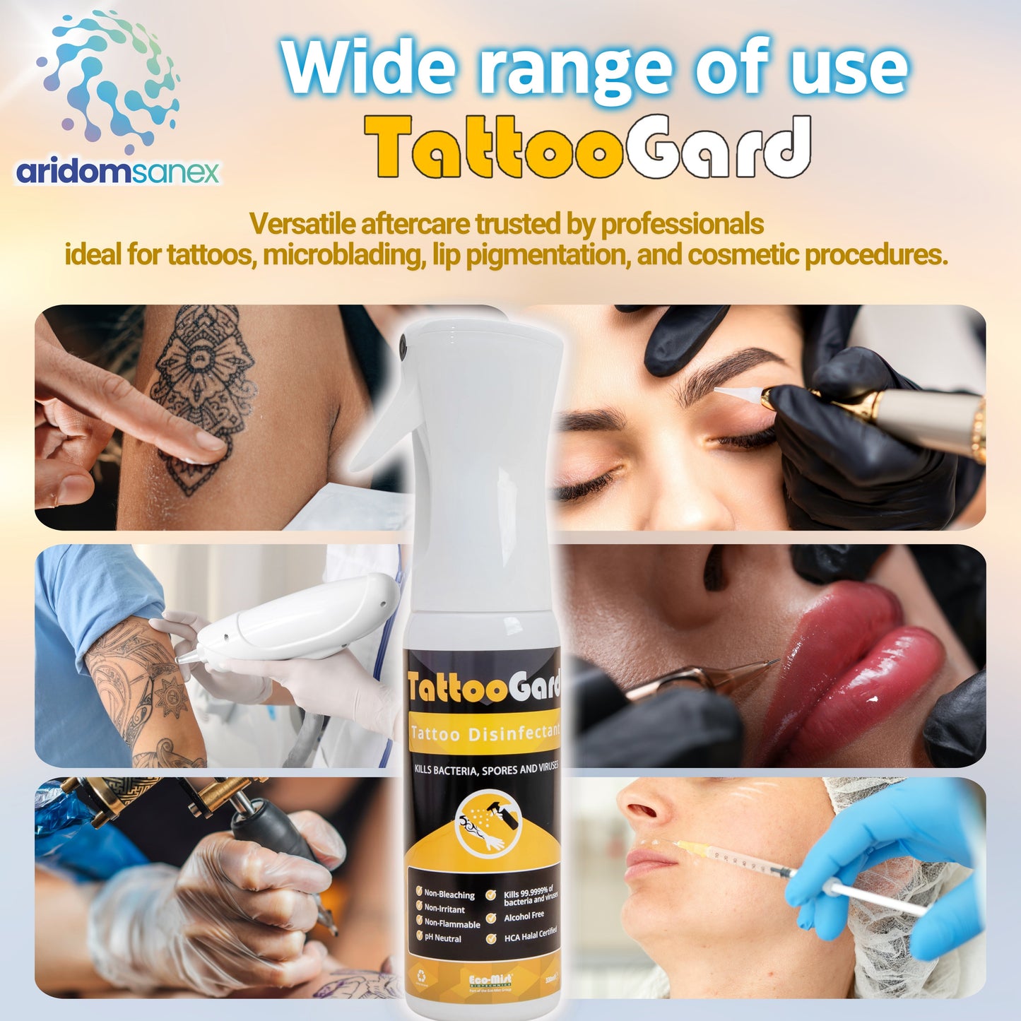 Tattoo Cleanser & Skin Disinfectant Refill Spray 500 ml (PK 12) – Alcohol-Free, HOCl-Powered, pH-Neutral, Fragrance-Free Formula TattooGard