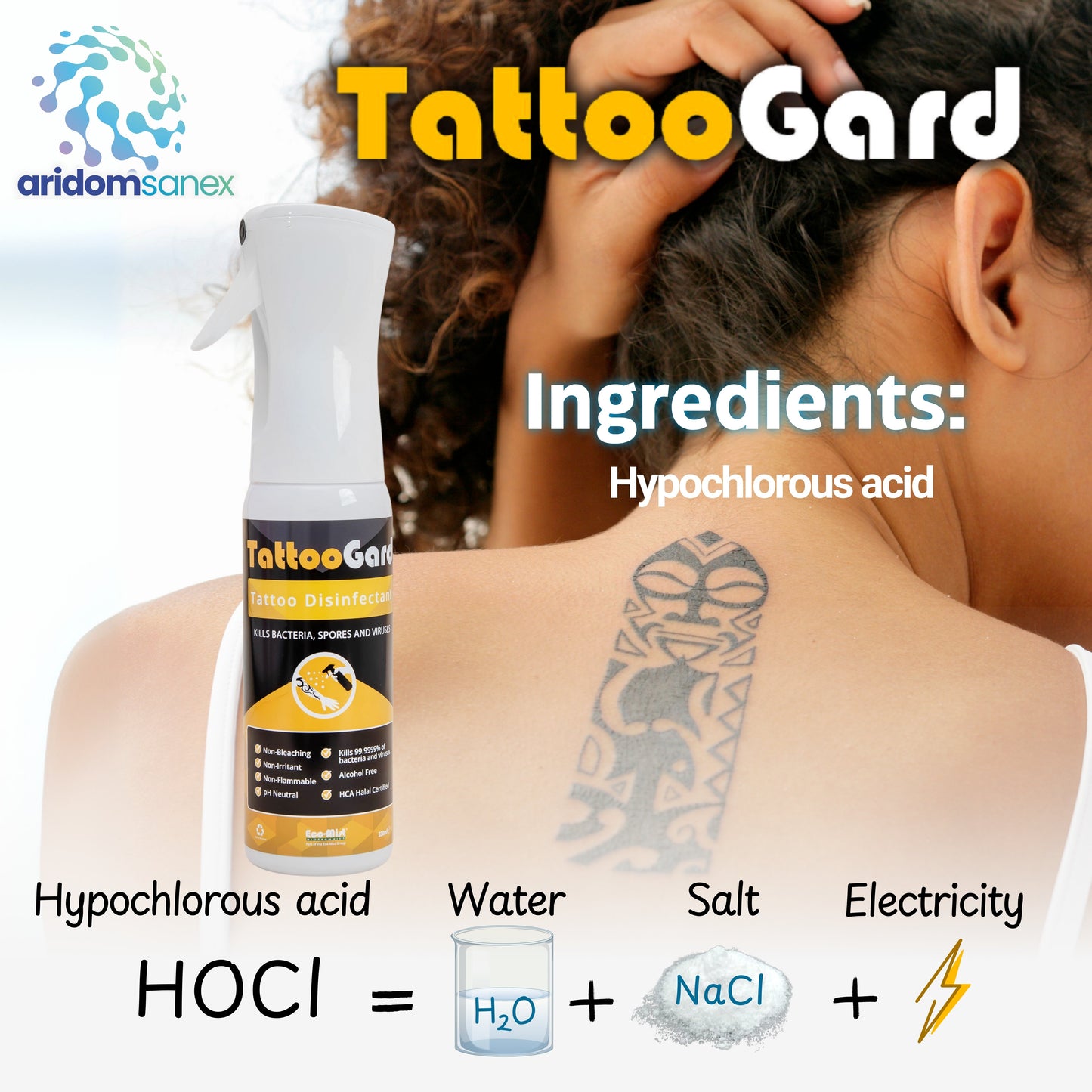 Tattoo Aftercare Spray – Alcohol-Free Cleanser & Skin Disinfectant | pH Neutral, Fragrance-Free HOCl Formula for Fast Healing (330ml Mist) TattooGard