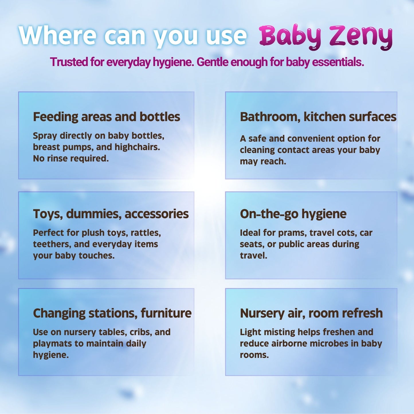 Baby Sanitising Spray – HOCl Hypochlorous Acid, No Rinse, Alcohol & Fragrance-Free Mist for Bottles, Dummies, Toys, Changing Mats, Nursery Surfaces, Air – 330 ml Refillable – Baby Zeny