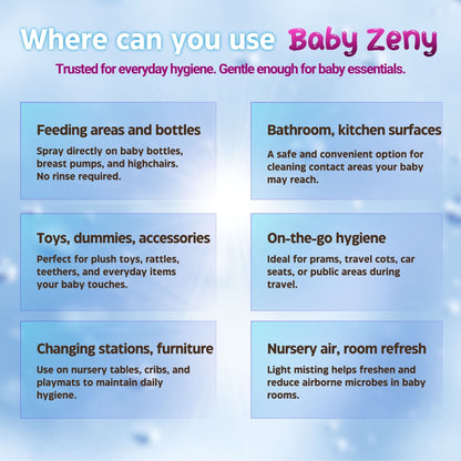 Baby Zeny Sanitising Spray – Pack of 3 × 330 ml, HOCl Hypochlorous Acid No-Rinse Mist for Bottles, Toys, Changing Mats & Nursery Surfaces
