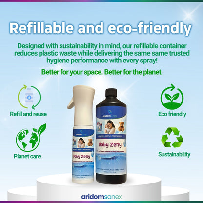 Baby Sanitising Spray – HOCl Hypochlorous Acid, No Rinse, Alcohol & Fragrance-Free Mist for Bottles, Dummies, Toys, Changing Mats, Nursery Surfaces, Air – 330 ml Refillable – Baby Zeny