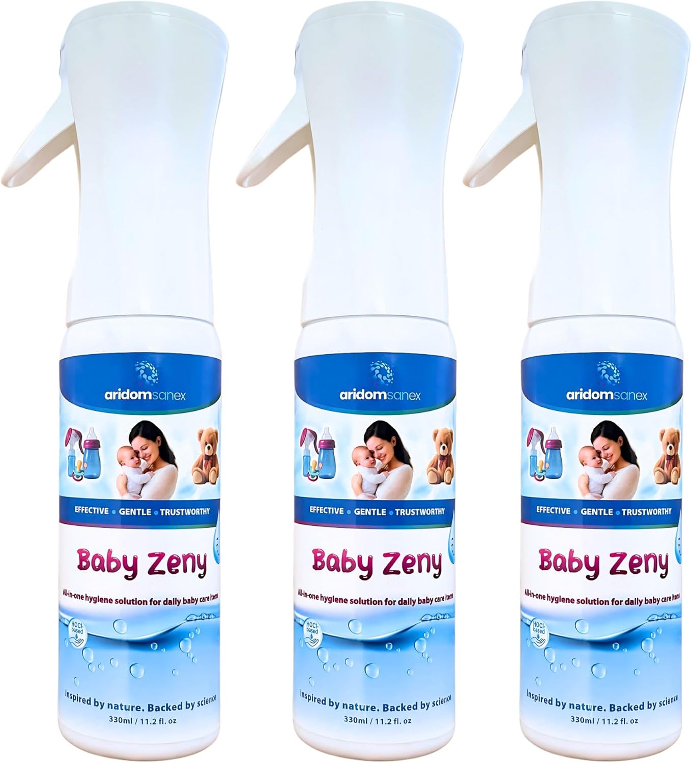 Baby Zeny Sanitising Spray – Pack of 3 × 330 ml, HOCl Hypochlorous Acid No-Rinse Mist for Bottles, Toys, Changing Mats & Nursery Surfaces