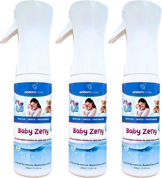 Baby Zeny Sanitising Spray – Pack of 3 × 330 ml, HOCl Hypochlorous Acid No-Rinse Mist for Bottles, Toys, Changing Mats & Nursery Surfaces